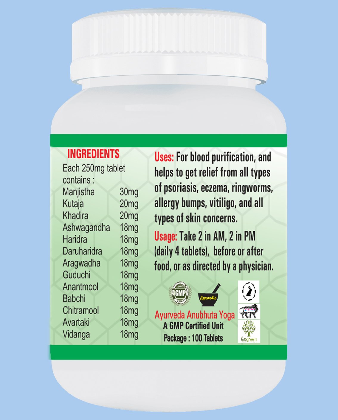 Rushi Marga Tablets (pack of 1 bottle-100 tablets) For blood purification, all types of psoriasis, eczema, ringworms, allergy bumps, and all types of skin concerns - Image 3